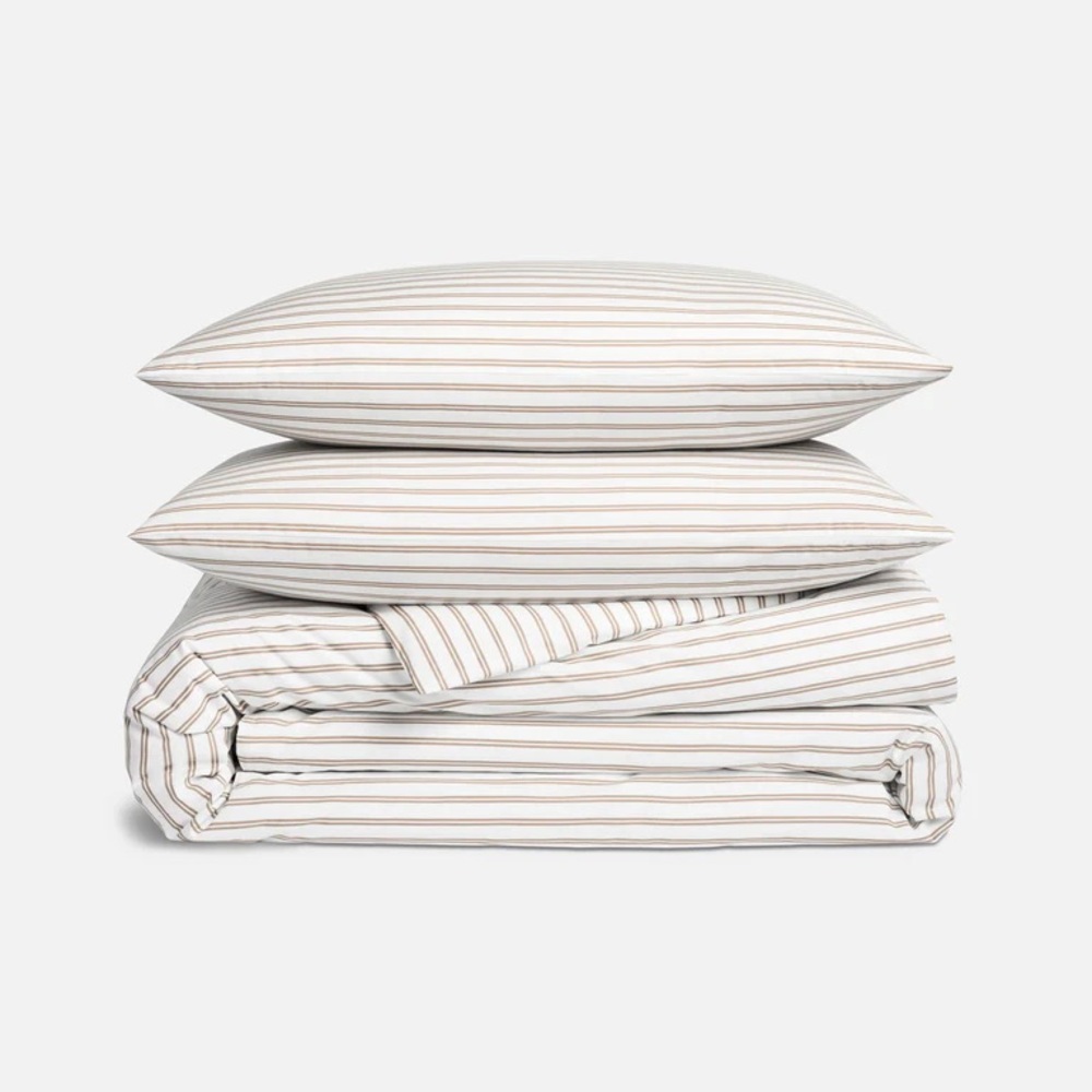 NWOT - Brooklinen Luxe Sateen Duvet Set -KING SIZE- BROWN + White Stripe
